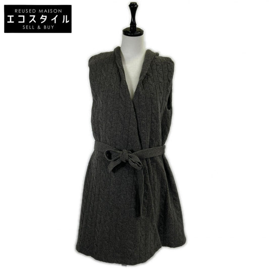 Gray Hooded Cable Knit Long Gilet Vest L Ladies