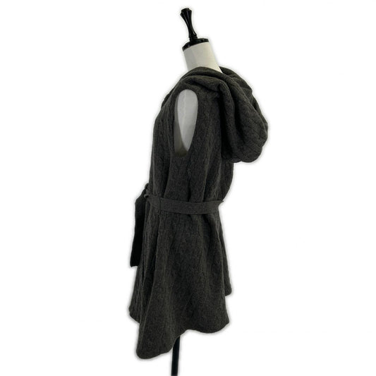 Gray Hooded Cable Knit Long Gilet Vest L Ladies