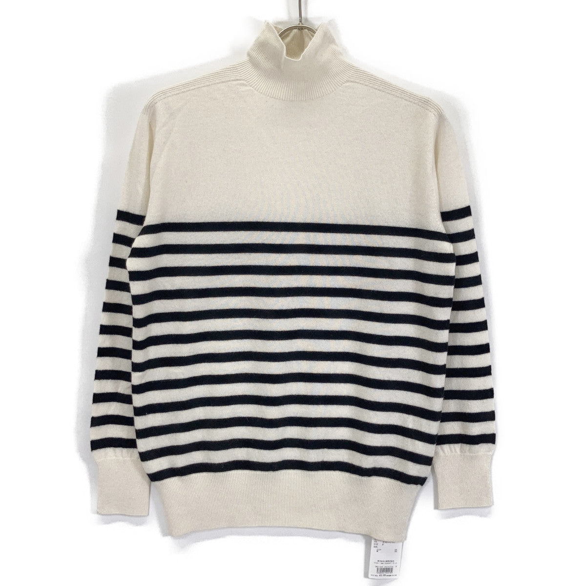 CASI-2316 White/Black Cashmere Silk Border Turtleneck Knit Top F Women's