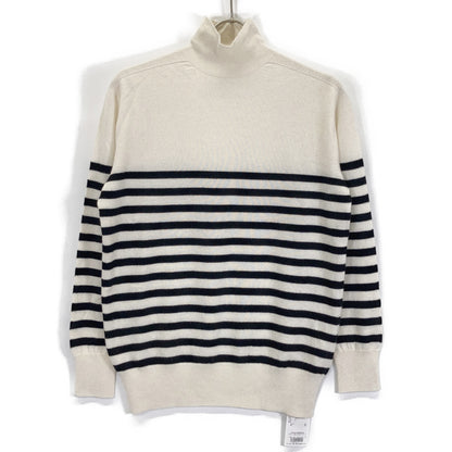 CASI-2316 White/Black Cashmere Silk Border Turtleneck Knit Top F Women's