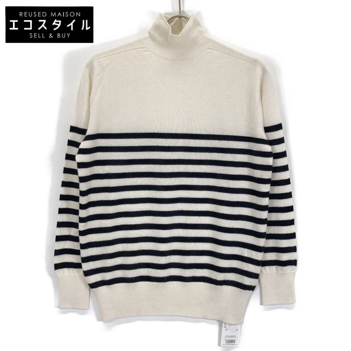 CASI-2316 White/Black Cashmere Silk Border Turtleneck Knit Top F Women's
