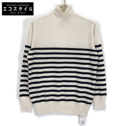 CASI-2316 White/Black Cashmere Silk Border Turtleneck Knit Top F Women's