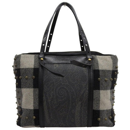 ETRO 艾绰 格纹×佩斯利铆钉麂皮帆布手提包 女士 黑色×灰色系 手提包