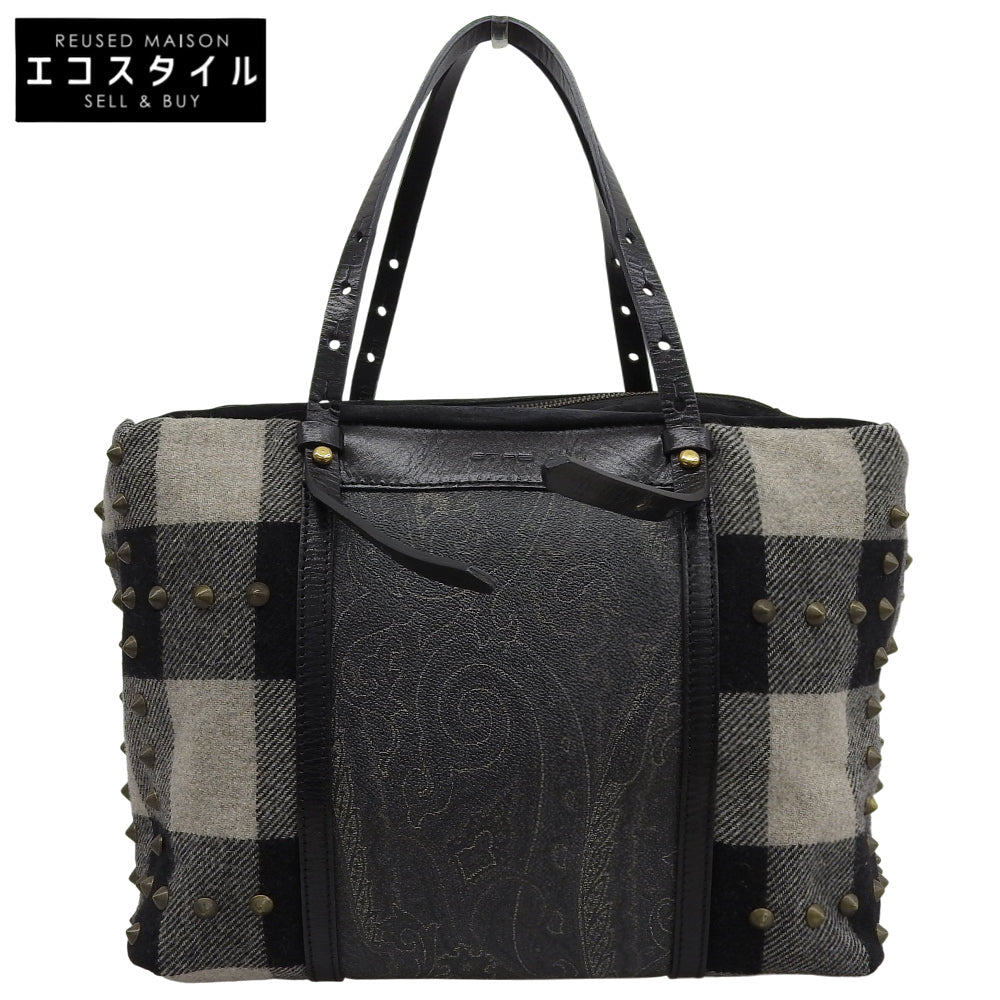 ETRO 艾绰 格纹×佩斯利铆钉麂皮帆布手提包 女士 黑色×灰色系 手提包