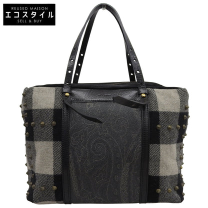 ETRO 艾绰 格纹×佩斯利铆钉麂皮帆布手提包 女士 黑色×灰色系 手提包