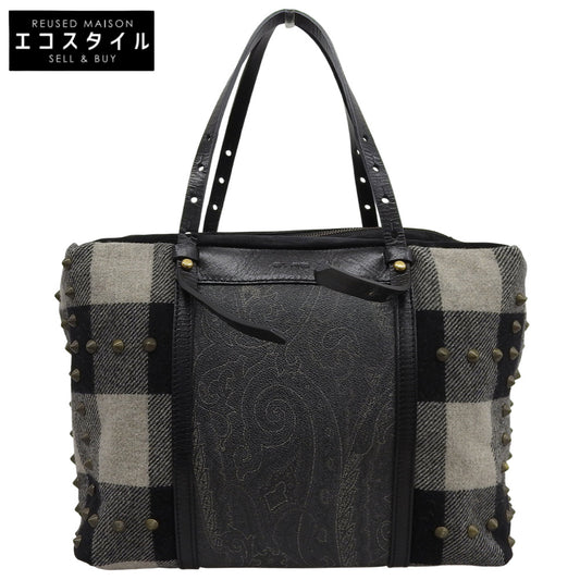 ETRO エトロ チェック×ペイズリー スタッズ スエード キャンバス ハンドバッグ レディース ブラック×グレー系 ハンドバッグ