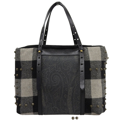 ETRO 艾绰 格纹×佩斯利铆钉麂皮帆布手提包 女士 黑色×灰色系 手提包