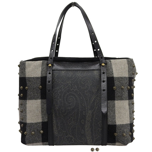 ETRO エトロ チェック×ペイズリー スタッズ スエード キャンバス ハンドバッグ レディース ブラック×グレー系 ハンドバッグ