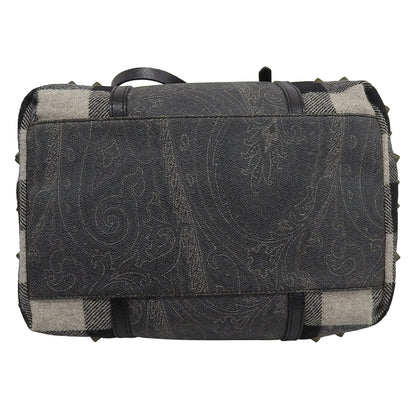 ETRO 艾绰 格纹×佩斯利铆钉麂皮帆布手提包 女士 黑色×灰色系 手提包