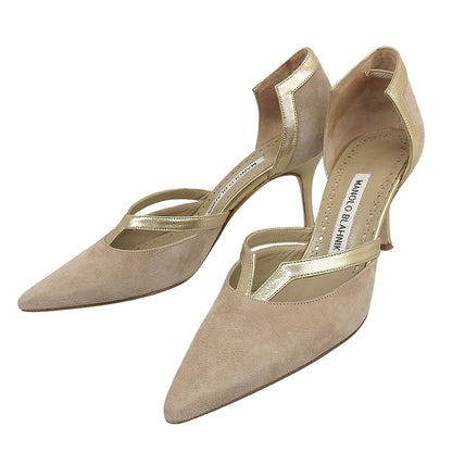 MANOLO BLAHNIK マノロブラニク PALIATA レザー×スエード ヒールパンプス レディース ベージュ×ゴールド 36 シューズ 36