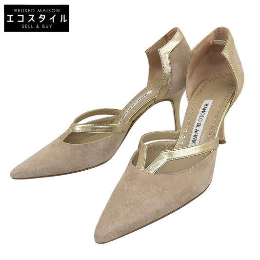 MANOLO BLAHNIK マノロブラニク PALIATA レザー×スエード ヒールパンプス レディース ベージュ×ゴールド 36 シューズ 36