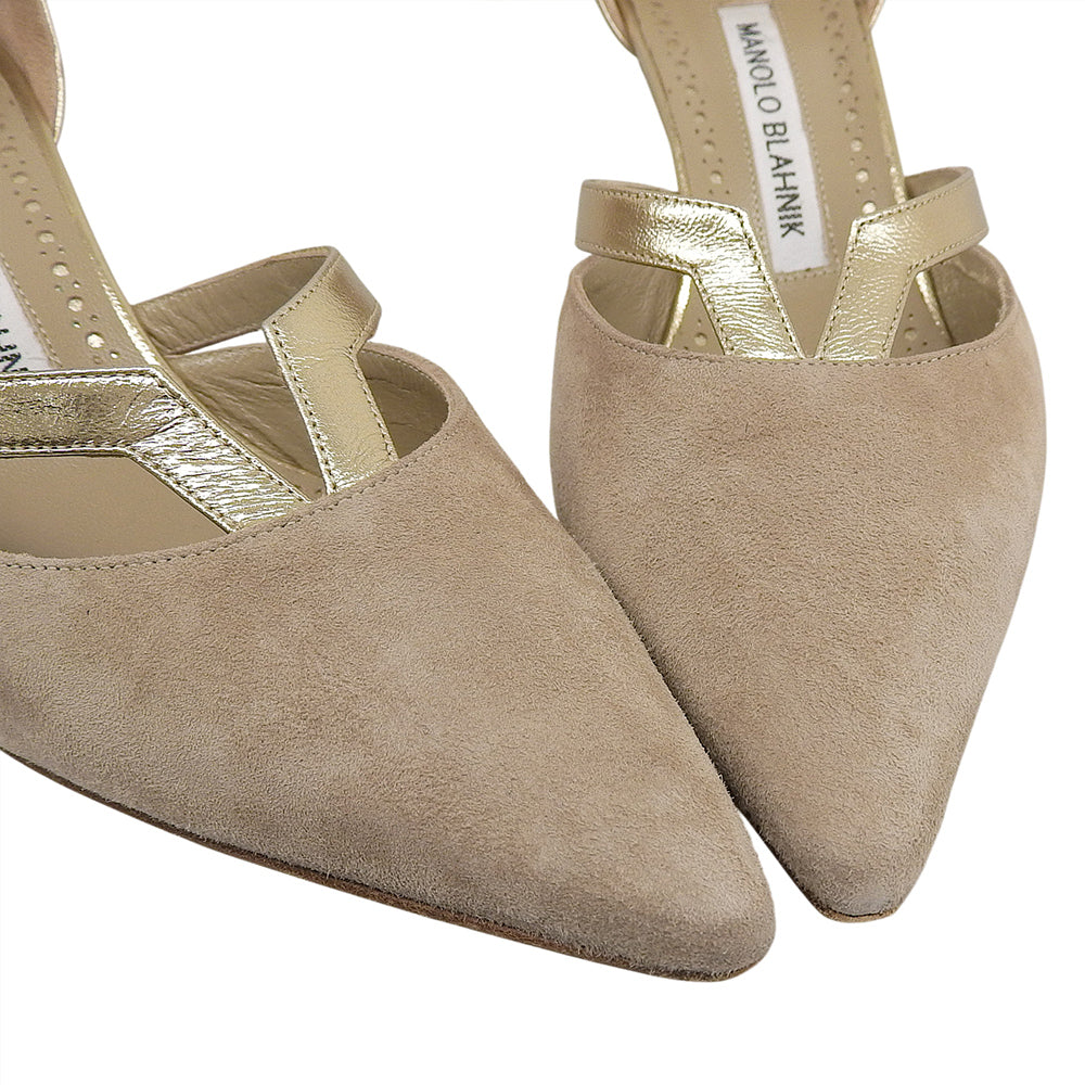 MANOLO BLAHNIK マノロブラニク PALIATA レザー×スエード ヒールパンプス レディース ベージュ×ゴールド 36 シューズ 36
