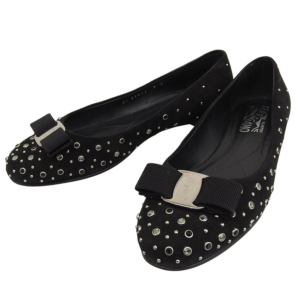 Salvatore Ferragamo サルヴァトーレフェラガモ 美品 ヴァラ スタッズ フラット パンプス レディース ブラック 7D シューズ 7D