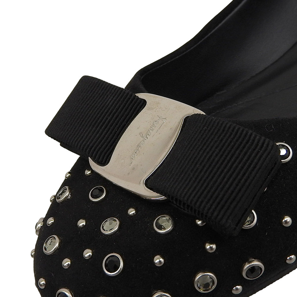 Salvatore Ferragamo サルヴァトーレフェラガモ 美品 ヴァラ スタッズ フラット パンプス レディース ブラック 7D シューズ 7D