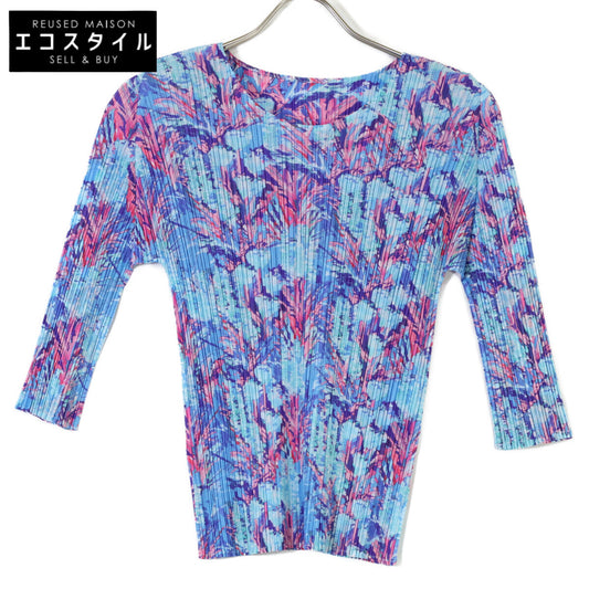 PLEATS PLEASE プリーツプリーズ PP11-JK891 ブルー フワラーモチーフ 長袖カットソー トップス