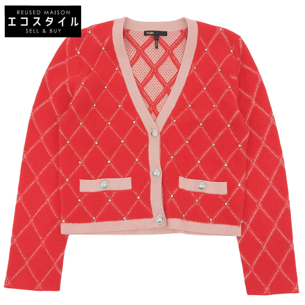 maje マージュ 美品 ダイヤモンドキルティング バイカラー ビジューカーディガン トップス レディース レッド×ピンク 1 MFPCA00265 トップス 1