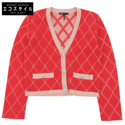 maje マージュ 美品 ダイヤモンドキルティング バイカラー ビジューカーディガン トップス レディース レッド×ピンク 1 MFPCA00265 トップス 1