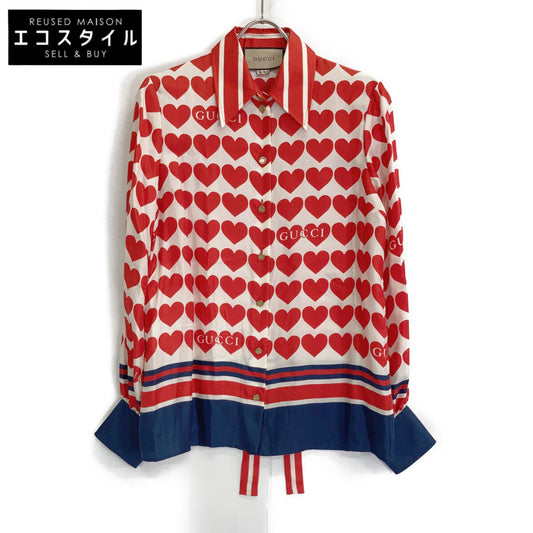 GUCCI グッチ アイボリー×レッド 686549 シルク ハート ボウタイシャツ トップス