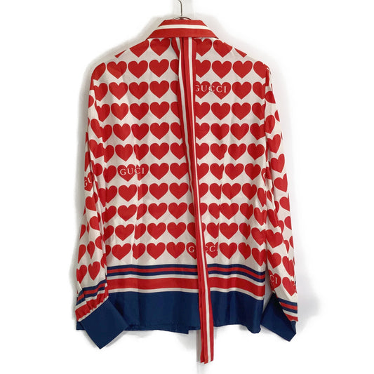 GUCCI グッチ アイボリー×レッド 686549 シルク ハート ボウタイシャツ トップス