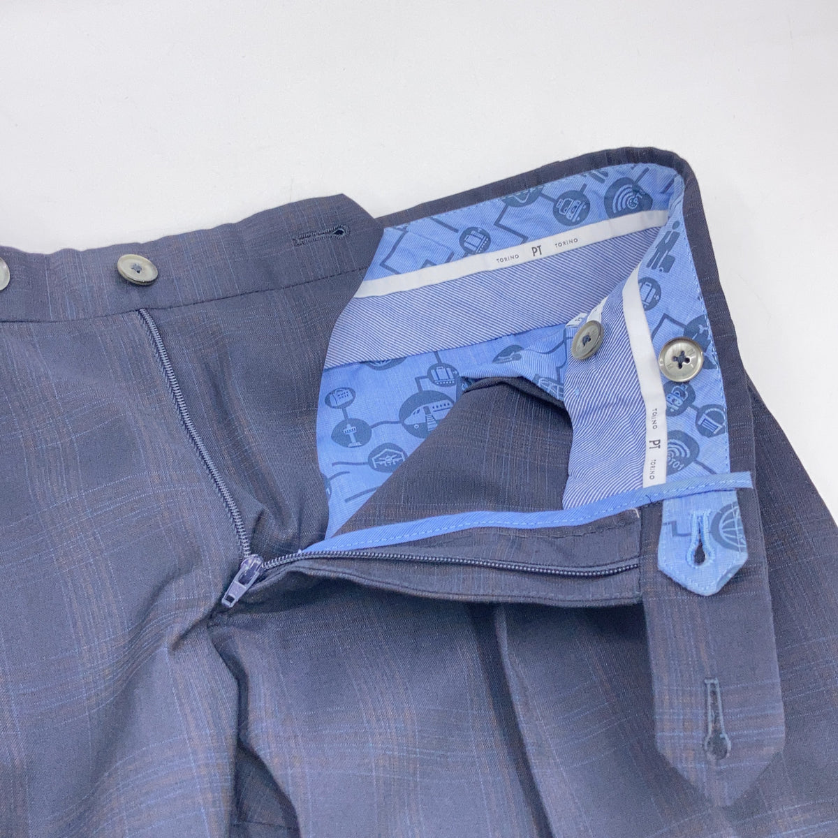 PT TORINO ピーティートリノ ネイビー チェック TECHNO WASHABLE WOOL SUPER SLIM FIT スラックス パンツ ボトムス