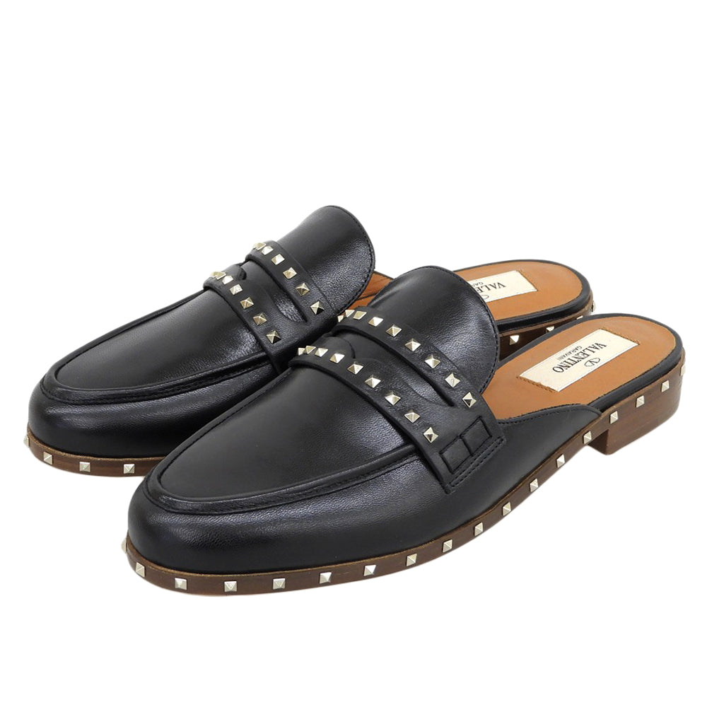 Valentino Garavani ヴァレンティノガラヴァーニ 新品同様 レザーソール ロックスタッズ フラット ミュール シューズ レディース 黒 36 シューズ 36