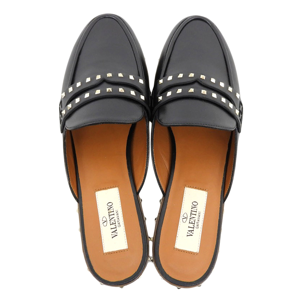 Valentino Garavani ヴァレンティノガラヴァーニ 新品同様 レザーソール ロックスタッズ フラット ミュール シューズ レディース 黒 36 シューズ 36