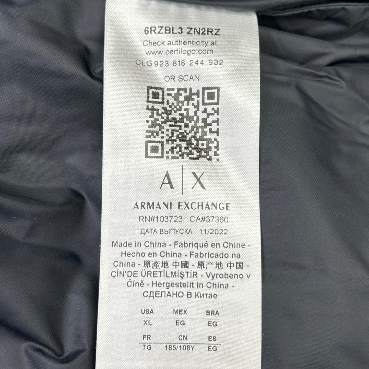 ARMANI EXCHANGE アルマーニエクスチェンジ ホワイト 6RZBL3 ZN2RZ Nero Regular Fit ダウンジャケット ジャケット