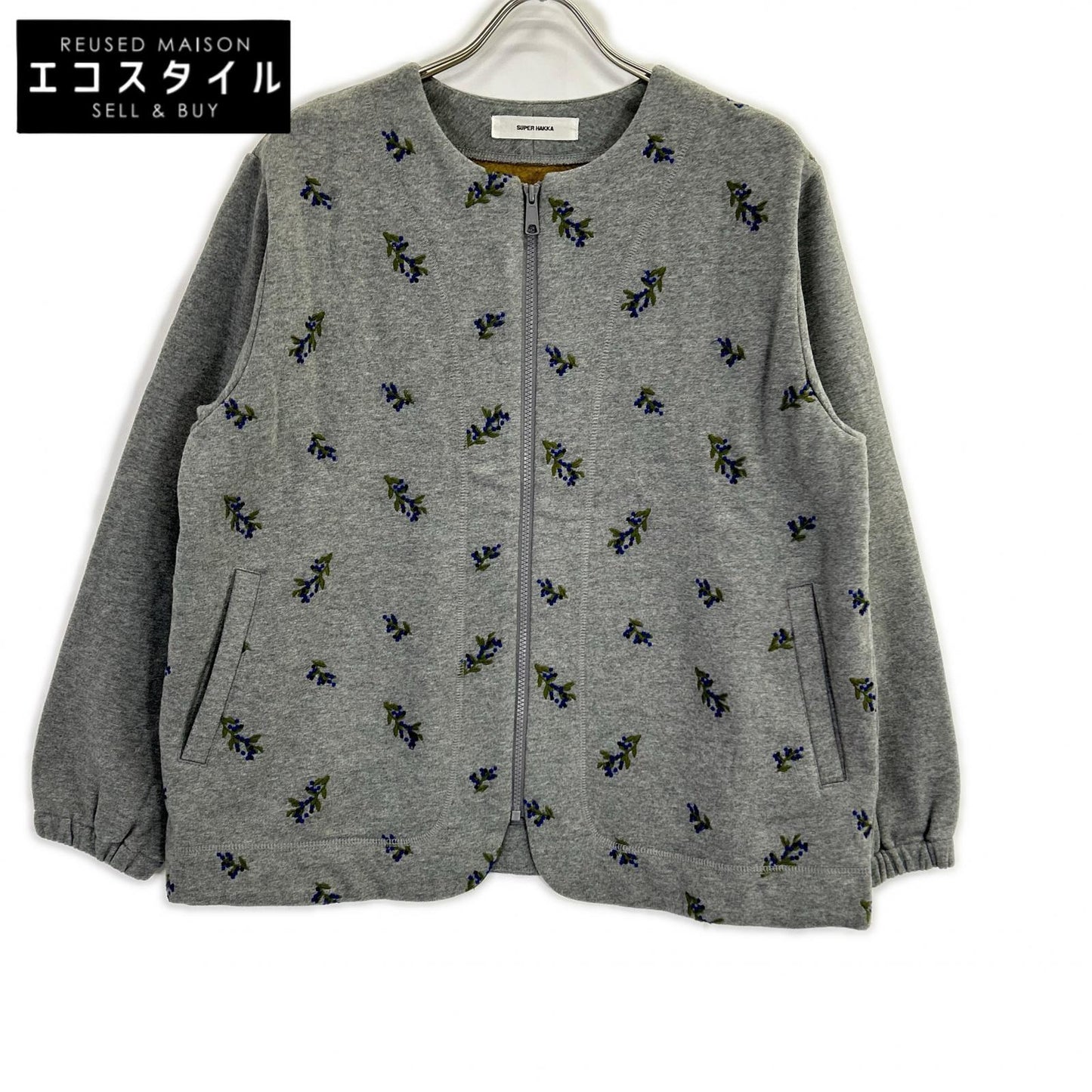 SUPER HAKKA Grey Floral Embroidery Sweatshirt Fabric Collarless Zip Blouson Jacket No size listed