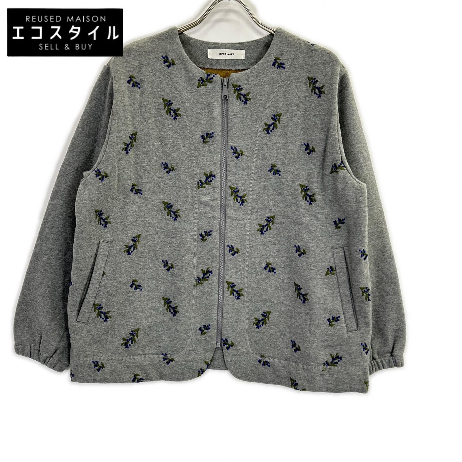 SUPER HAKKA Grey Floral Embroidery Sweatshirt Fabric Collarless Zip Blouson Jacket No size listed