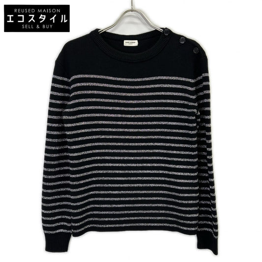 SAINT LAURENT PARIS サンローランパリ 588078 19年 ブラック ボーダー ショルダーボタン ニット トップス