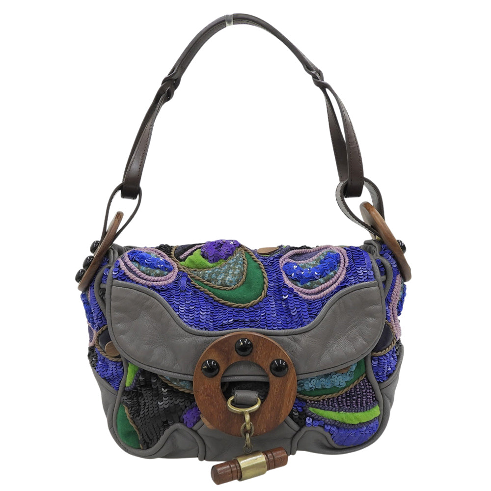 ジャマンピュエッシュ マルチカラー スパンコール レザーパッチワーク ウッド セミショルダーバッグ レディース JAMIN PUECH ジャマンピュエッシュ マルチカラー スパンコール レザー