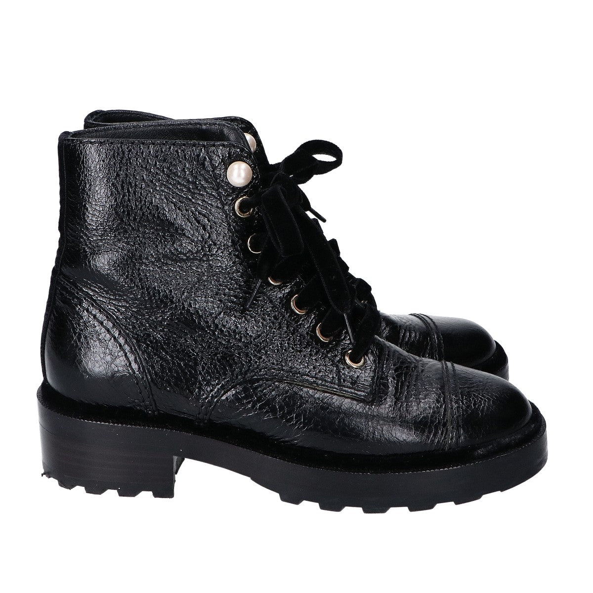 CHANEL シャネル A G35154 ブラック レザー×ベロア フェイクパールボタン ブーツ シューズ