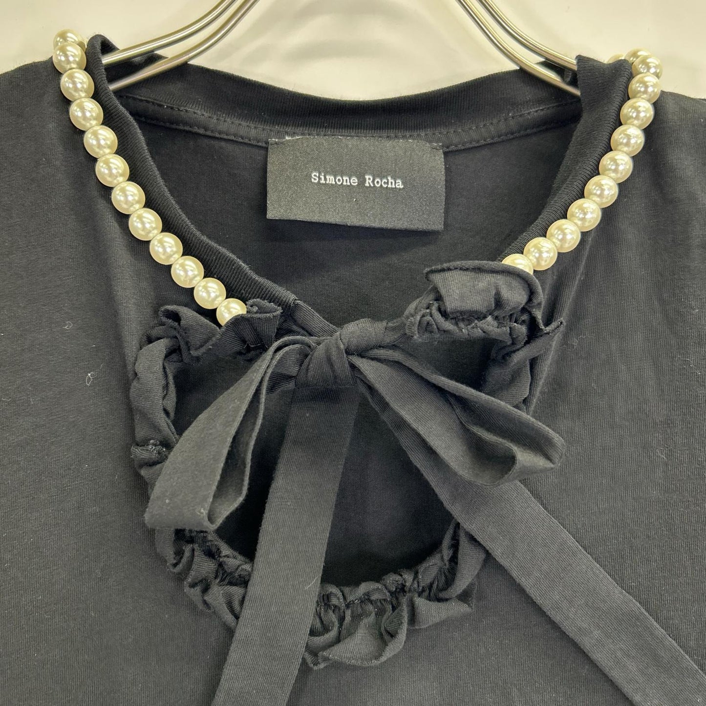 SIMONE ROCHA Black Pearl and Bow Tie T-shirt Top
