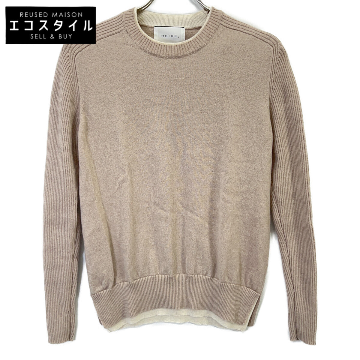 BEIGE ベイジ グレー 洗える POMPE ウールカシミヤ配色リブクルーネック トップス