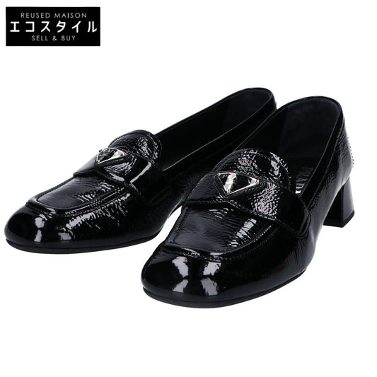 PRADA Beautiful Black Triangle Logo Patent Loafer Shoes