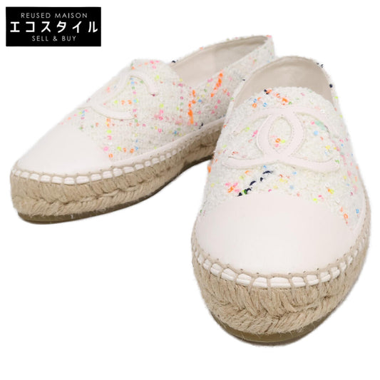 CHANEL 24C Z G29762 B15327 White Coco Mark Tweed x Leather Espadrille Shoes
