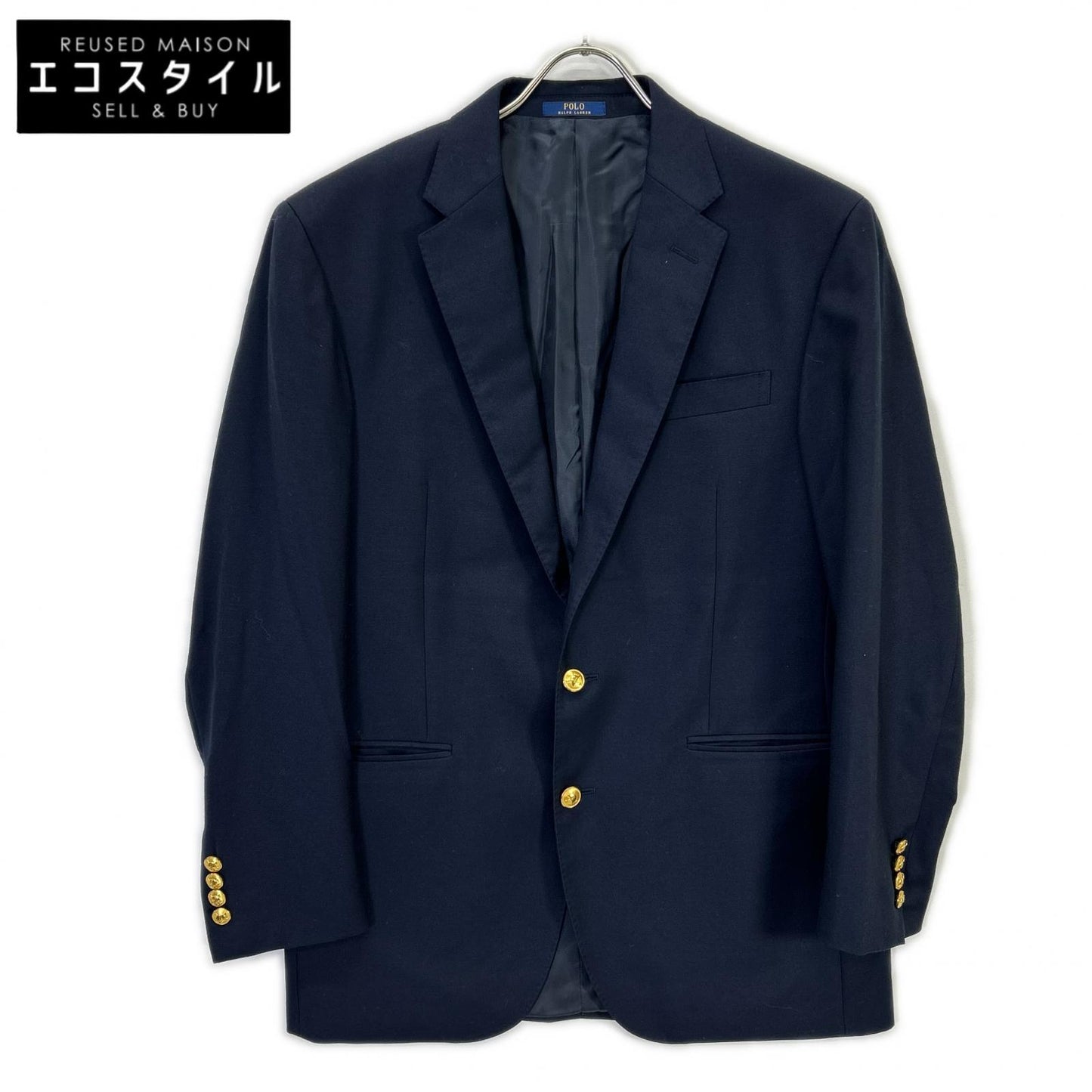 715512776001 Navy wool twill side vents gold button blazer jacket 40 Men's