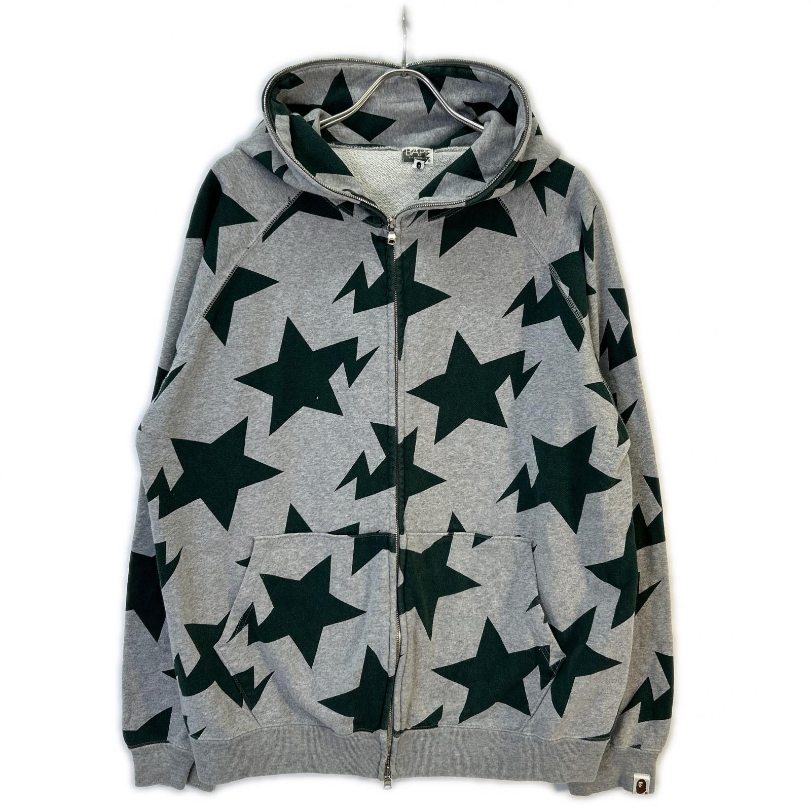 A BATHING APE Gray x Green Star Print Full-Zip Hoodie 00s Tops
