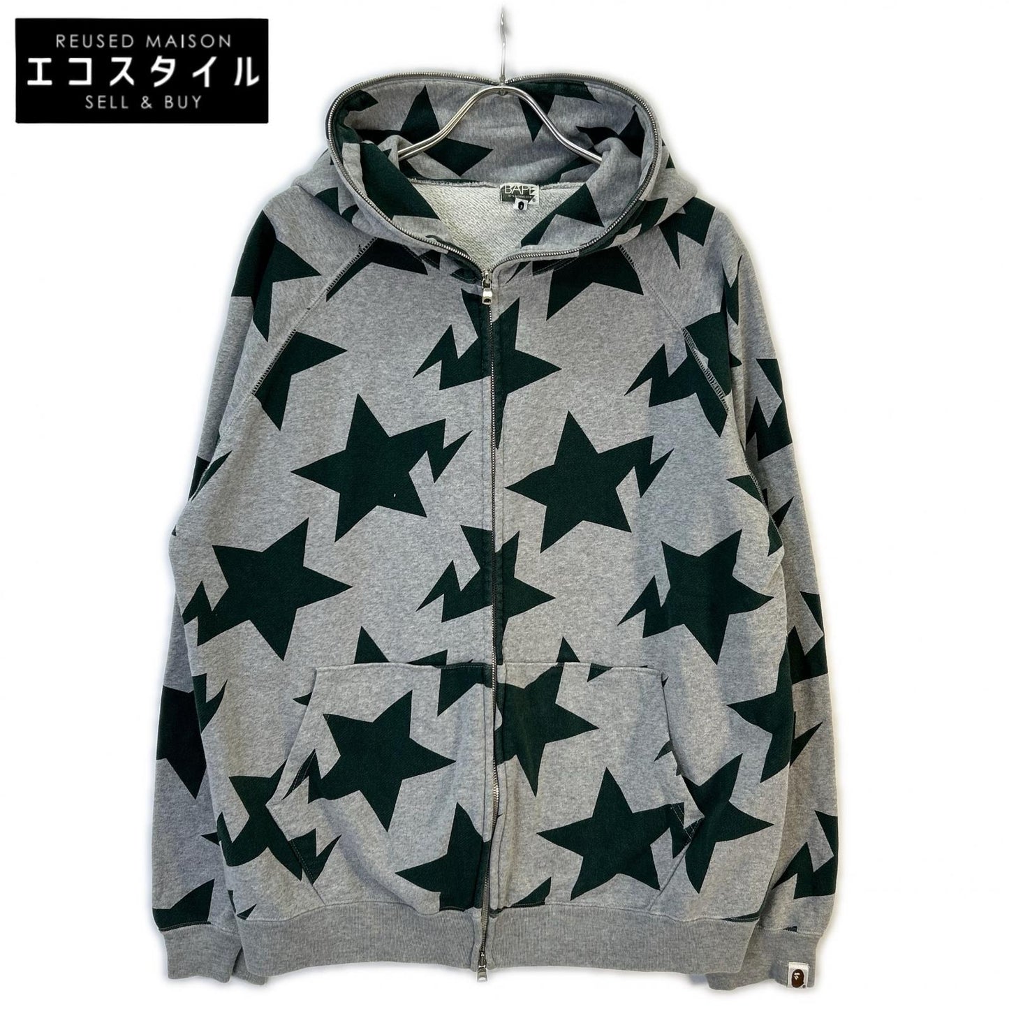 A BATHING APE Gray x Green Star Print Full-Zip Hoodie 00s Tops