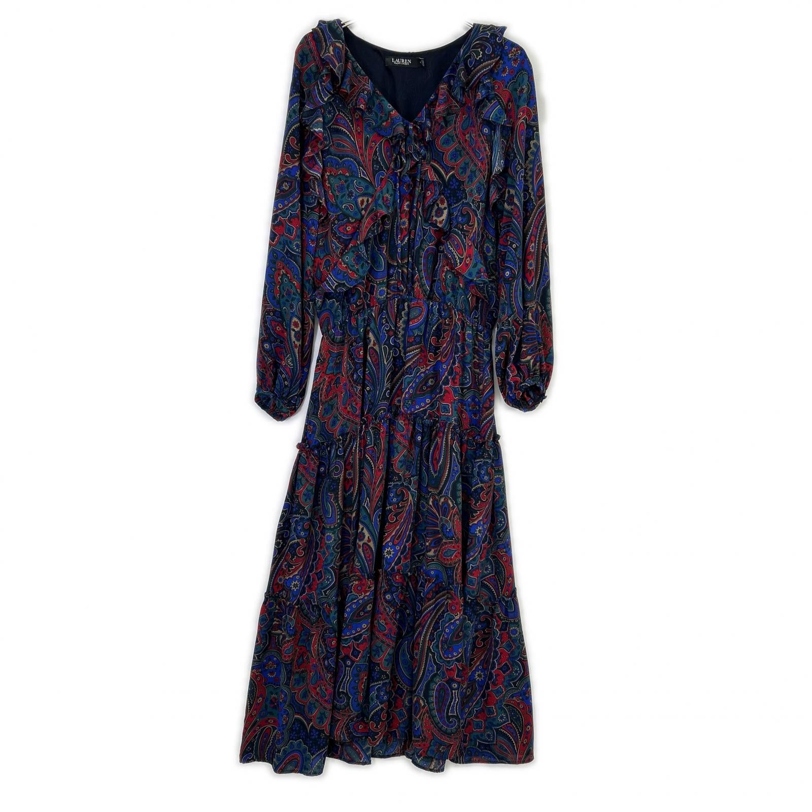 Multi-Color Paisley Tiered Long Ruffled Dress, Size 6