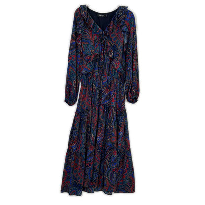 Multi-Color Paisley Tiered Long Ruffled Dress, Size 6