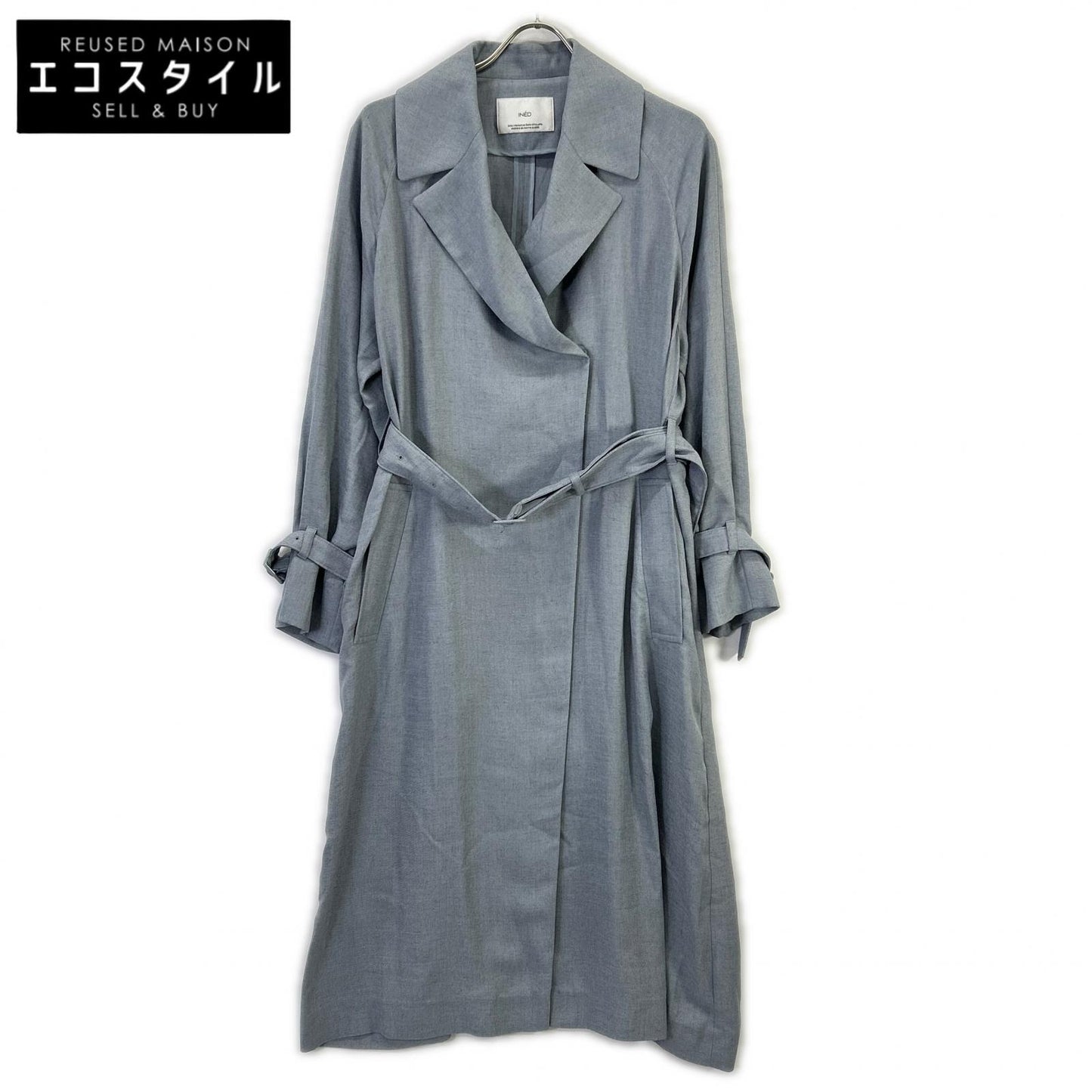 INED 71-11114001 Blue Belted Linen Raglan Coat