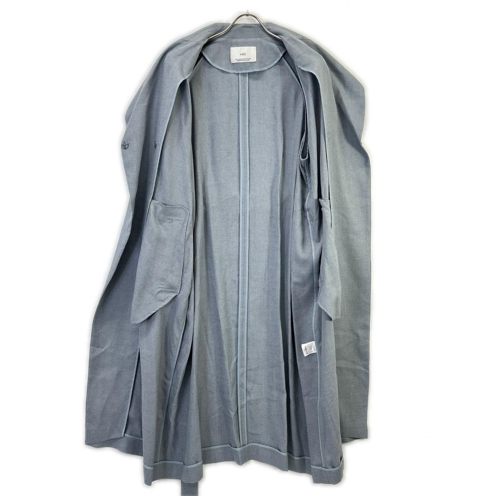 INED 71-11114001 Blue Belted Linen Raglan Coat