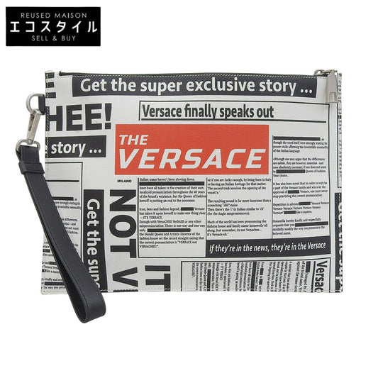 Versace Good Condition Newspaper Clutch Bag Second Bag Men's White x Black Second Bag Clutch Bag