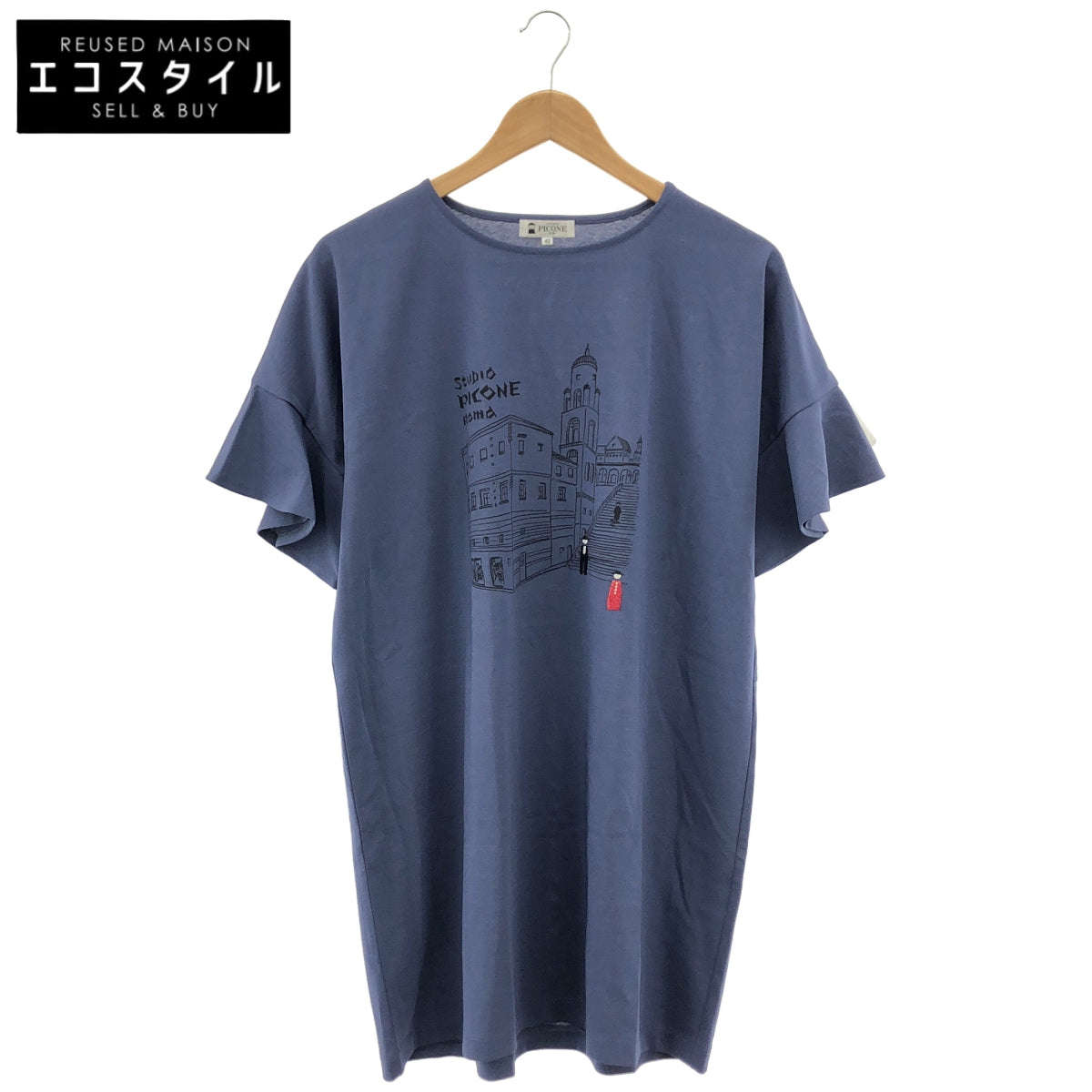 PICONE ピッコーネ P459508 ブルー 袖フリルイラストチュニック トップス