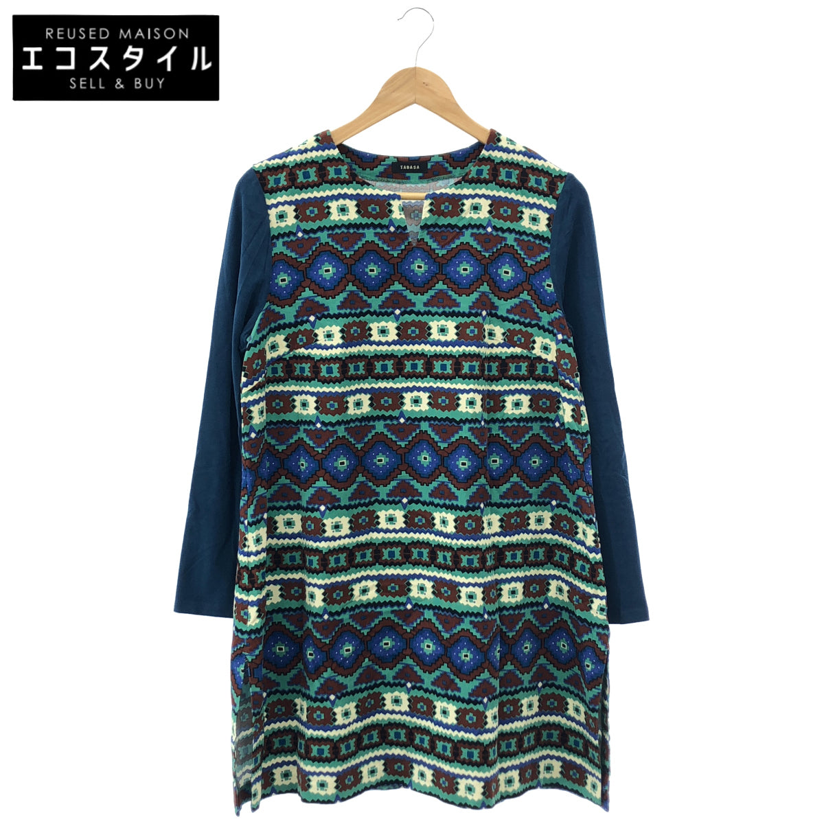 TABASA Tabasa D1744FAS017 Blue Fine-Wale Corduroy×Kilim Border-Print Tunic Top