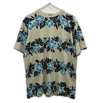 STUSSY ステューシー 90's 紺タグ ブルー×ベージュ ボタニカル ハイビスカス コットン Tシャツ トップス