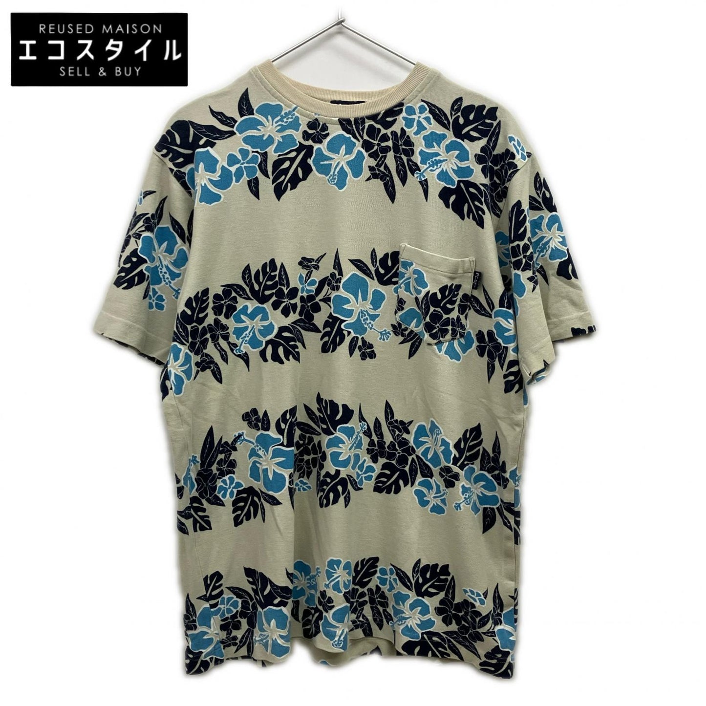 STUSSY ステューシー 90's 紺タグ ブルー×ベージュ ボタニカル ハイビスカス コットン Tシャツ トップス