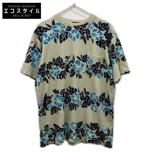 stussy ステューシー 90's 紺タグ ブルー×ベージュ ボタニカル ハイビスカス コットン Tシャツ トップス