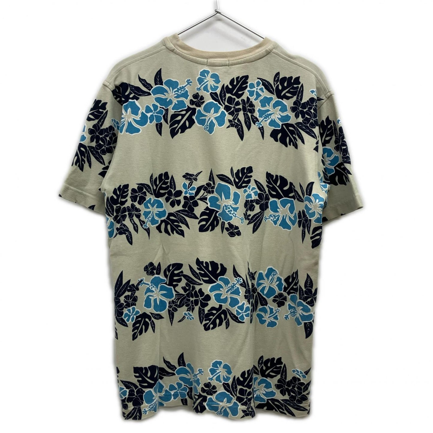 STUSSY ステューシー 90's 紺タグ ブルー×ベージュ ボタニカル ハイビスカス コットン Tシャツ トップス